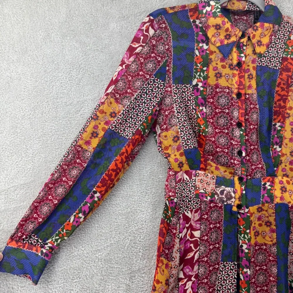 GILI Top Womens XXS Red Blue Patchwork Boho Sheer Button Up Midi Length Slit - Picture 5 of 16